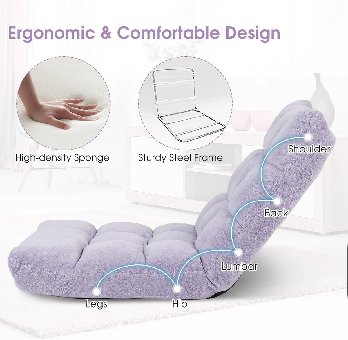 Cushioned Floor Chair, 14-Position Adjustable Padded Lazy Recliner with Comfortable Back Support and Skin-Friendly Cover, Great for Reading, Playing Game, Meditating (Beige)