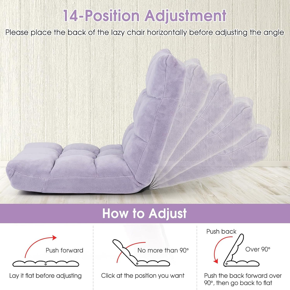 Cushioned Floor Chair, 14-Position Adjustable Padded Lazy Recliner with Comfortable Back Support and Skin-Friendly Cover, Great for Reading, Playing Game, Meditating (Beige)