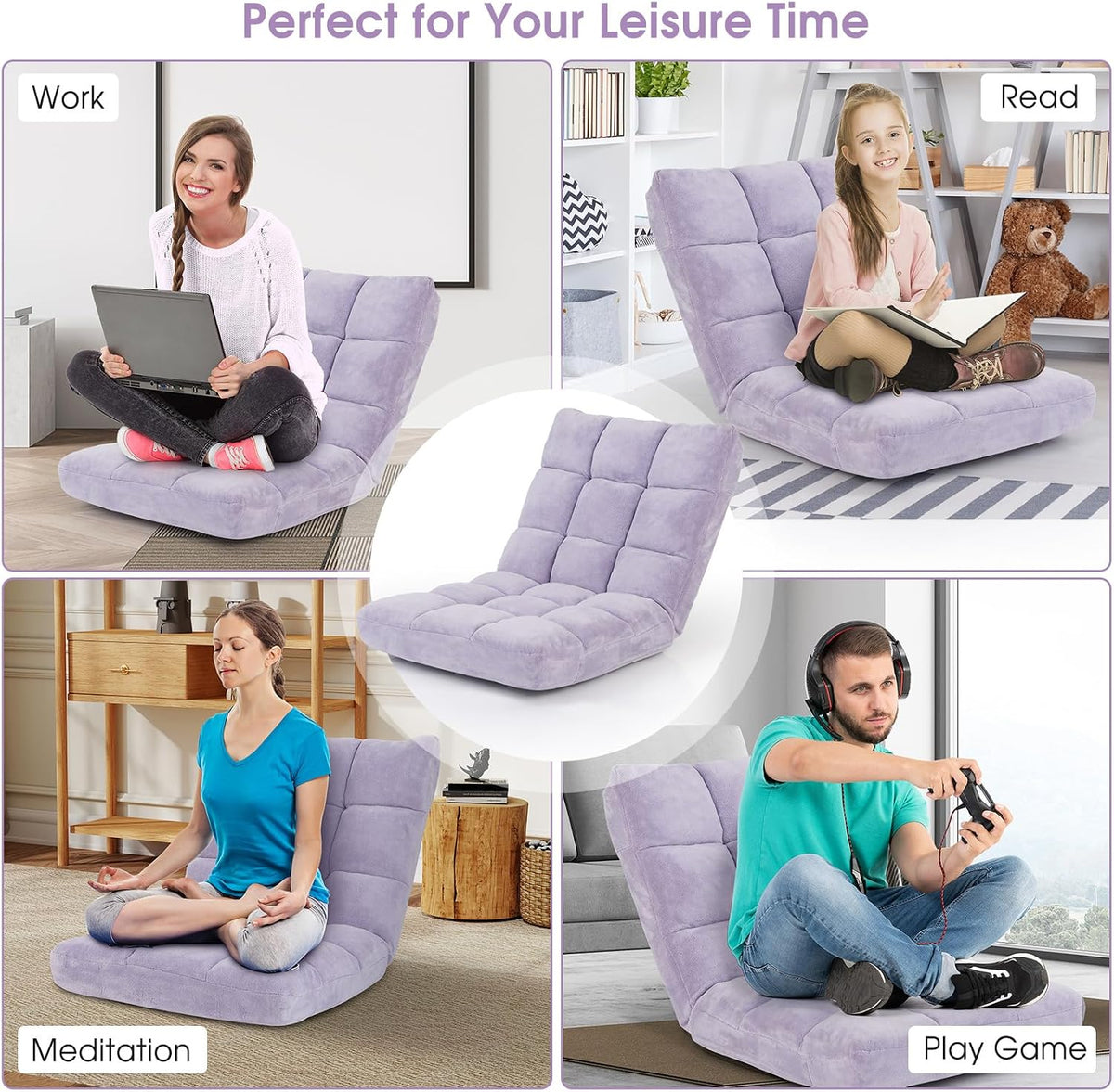 Cushioned Floor Chair, 14-Position Adjustable Padded Lazy Recliner with Comfortable Back Support and Skin-Friendly Cover, Great for Reading, Playing Game, Meditating (Beige)