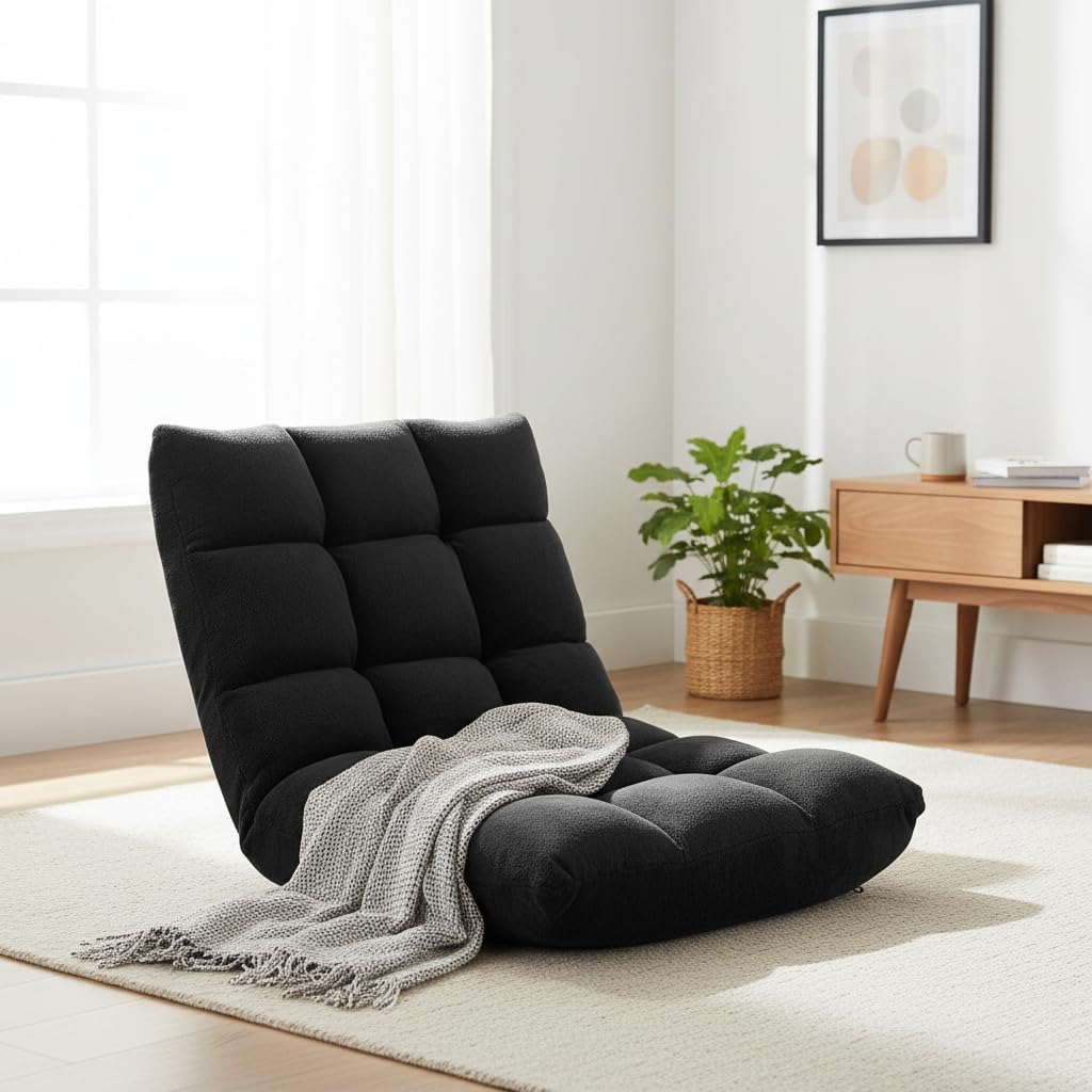 Cushioned Floor Chair, 14-Position Adjustable Padded Lazy Recliner with Comfortable Back Support and Skin-Friendly Cover, Great for Reading, Playing Game, Meditating (Beige)