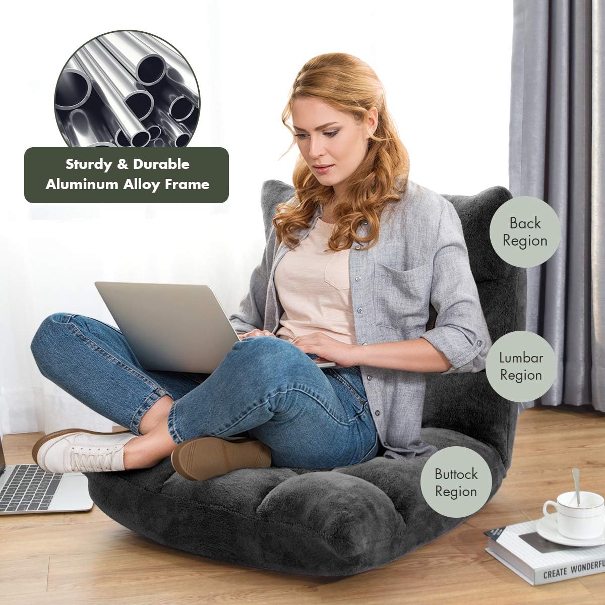 Cushioned Floor Chair, 14-Position Adjustable Padded Lazy Recliner with Comfortable Back Support and Skin-Friendly Cover, Great for Reading, Playing Game, Meditating (Beige)
