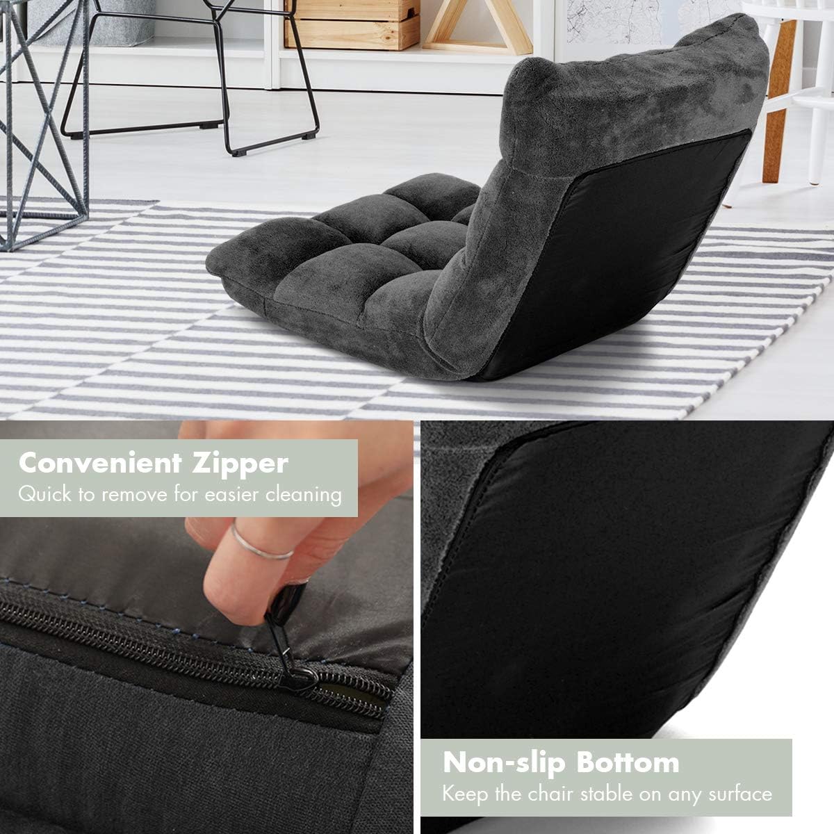 Cushioned Floor Chair, 14-Position Adjustable Padded Lazy Recliner with Comfortable Back Support and Skin-Friendly Cover, Great for Reading, Playing Game, Meditating (Beige)
