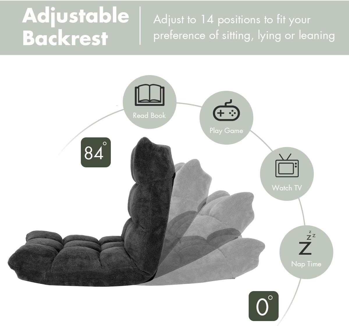 Cushioned Floor Chair, 14-Position Adjustable Padded Lazy Recliner with Comfortable Back Support and Skin-Friendly Cover, Great for Reading, Playing Game, Meditating (Beige)