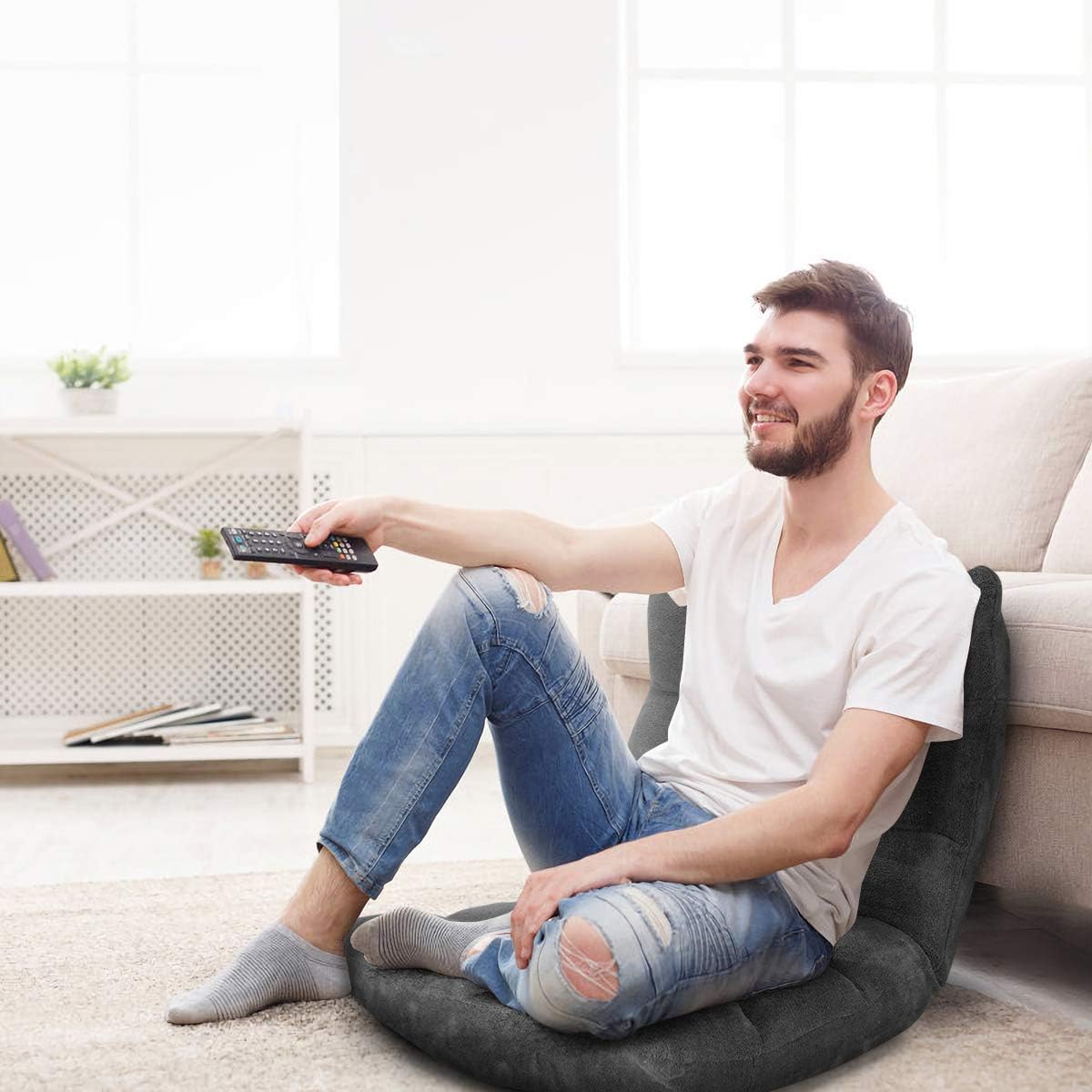 Cushioned Floor Chair, 14-Position Adjustable Padded Lazy Recliner with Comfortable Back Support and Skin-Friendly Cover, Great for Reading, Playing Game, Meditating (Beige)