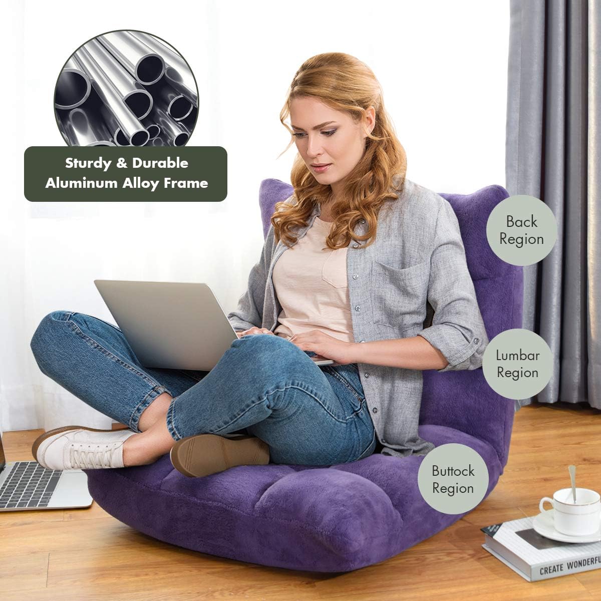 Cushioned Floor Chair, 14-Position Adjustable Padded Lazy Recliner with Comfortable Back Support and Skin-Friendly Cover, Great for Reading, Playing Game, Meditating (Beige)