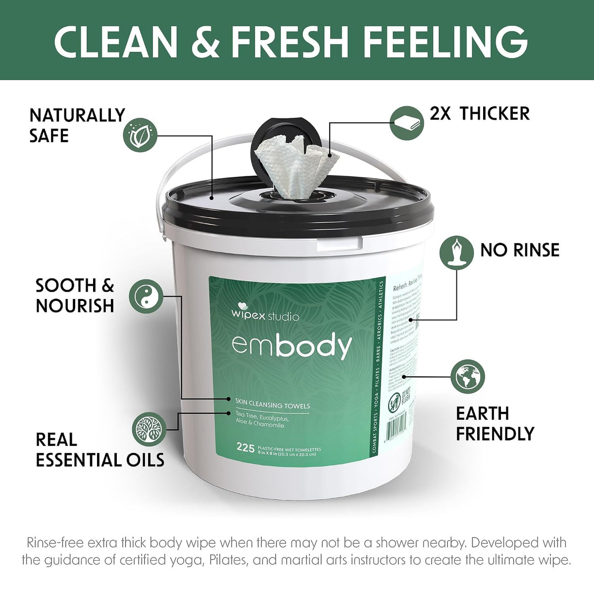 Embody Sport Body Wipes, EWG VERIFIED, 225 Count Bucket, Tea Tree & Eucalyptus Body Wipes with Aloe & Chamomile, for Gyms, Yoga Studios, Fitness Centers & Spas