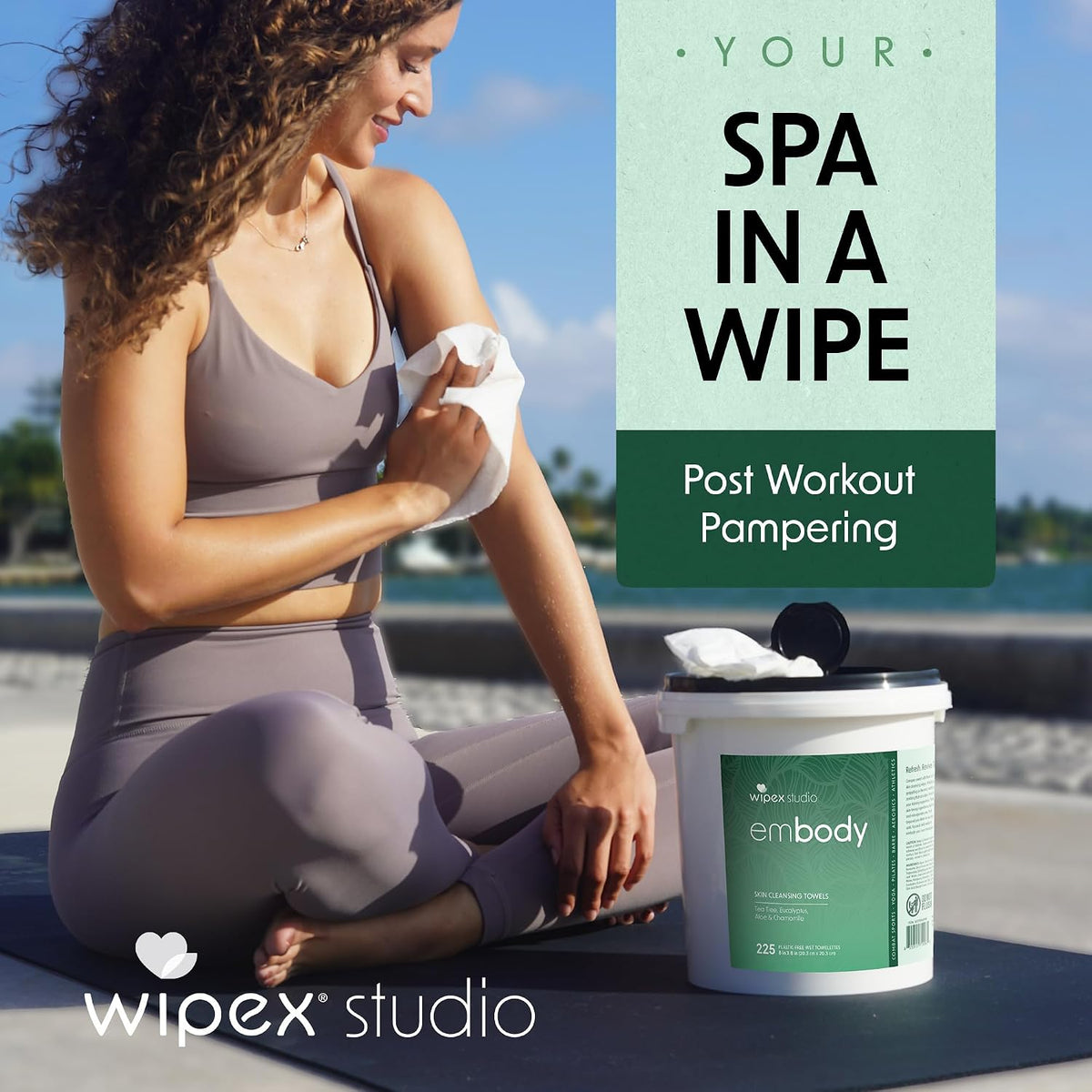 Embody Sport Body Wipes, EWG VERIFIED, 225 Count Bucket, Tea Tree & Eucalyptus Body Wipes with Aloe & Chamomile, for Gyms, Yoga Studios, Fitness Centers & Spas