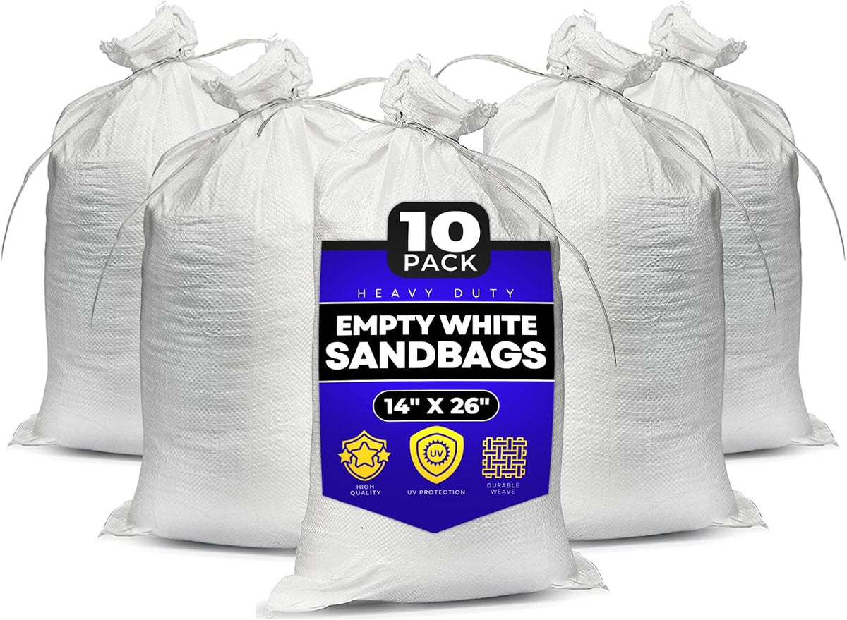 Sand Bags with Ties 14" x 26" - Sand Bags for Flooding, Woven Polypropylene Sandbags, 50 lbs Capacity, 14x26 inches, White