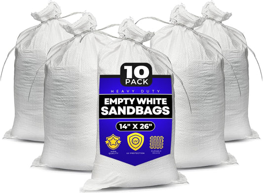 Sand Bags with Ties 14" x 26" - Sand Bags for Flooding, Woven Polypropylene Sandbags, 50 lbs Capacity, 14x26 inches, White