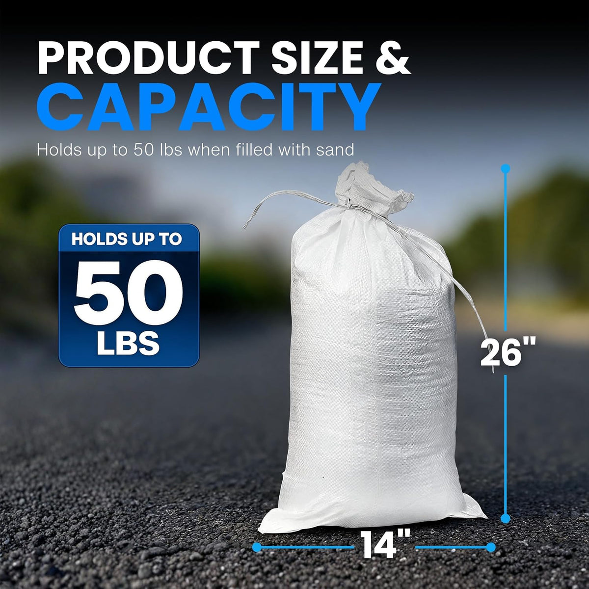 Sand Bags with Ties 14" x 26" - Sand Bags for Flooding, Woven Polypropylene Sandbags, 50 lbs Capacity, 14x26 inches, White