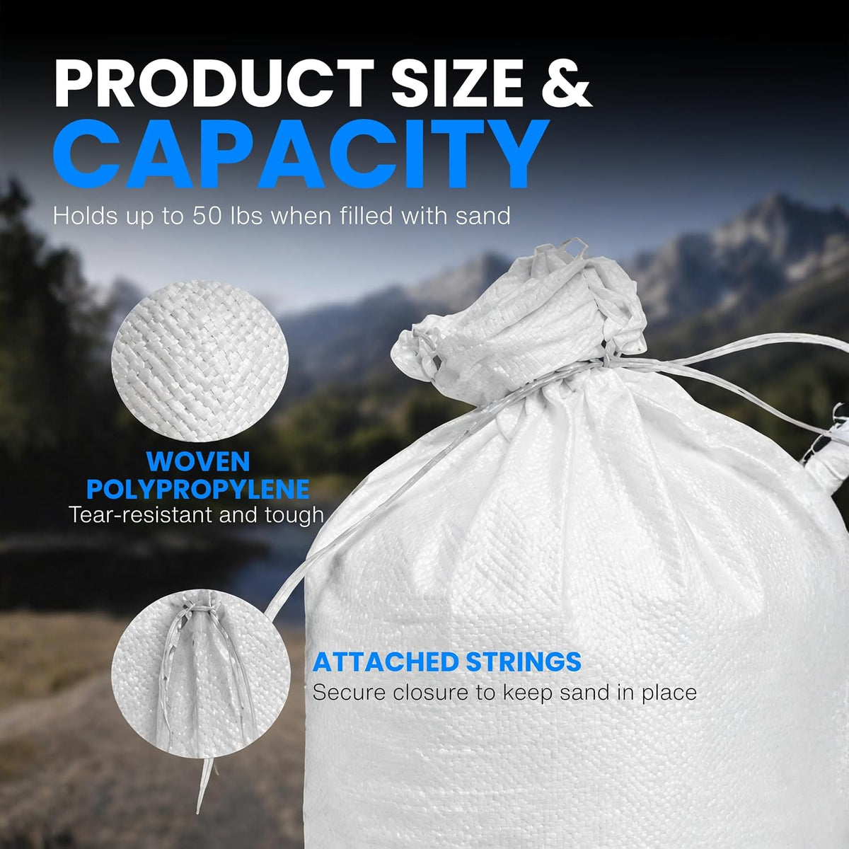 Sand Bags with Ties 14" x 26" - Sand Bags for Flooding, Woven Polypropylene Sandbags, 50 lbs Capacity, 14x26 inches, White