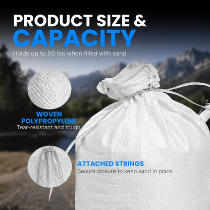 Sand Bags with Ties 14" x 26" - Sand Bags for Flooding, Woven Polypropylene Sandbags, 50 lbs Capacity, 14x26 inches, White