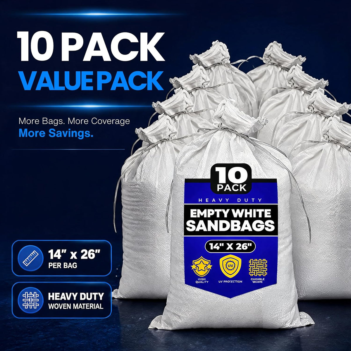 Sand Bags with Ties 14" x 26" - Sand Bags for Flooding, Woven Polypropylene Sandbags, 50 lbs Capacity, 14x26 inches, White