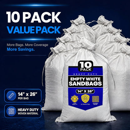 Sand Bags with Ties 14" x 26" - Sand Bags for Flooding, Woven Polypropylene Sandbags, 50 lbs Capacity, 14x26 inches, White
