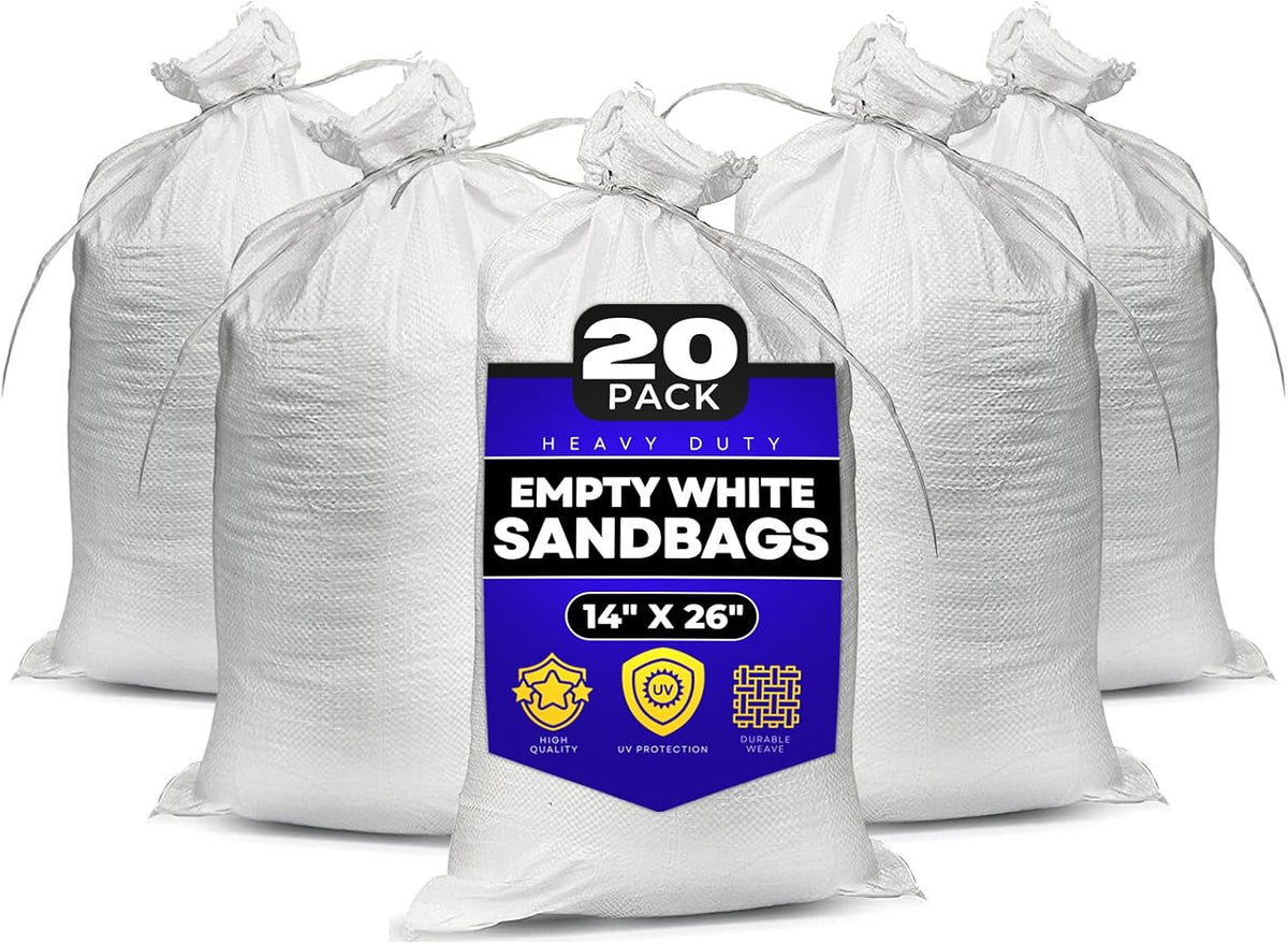 Sand Bags with Ties 14" x 26" - Sand Bags for Flooding, Woven Polypropylene Sandbags, 50 lbs Capacity, 14x26 inches, White
