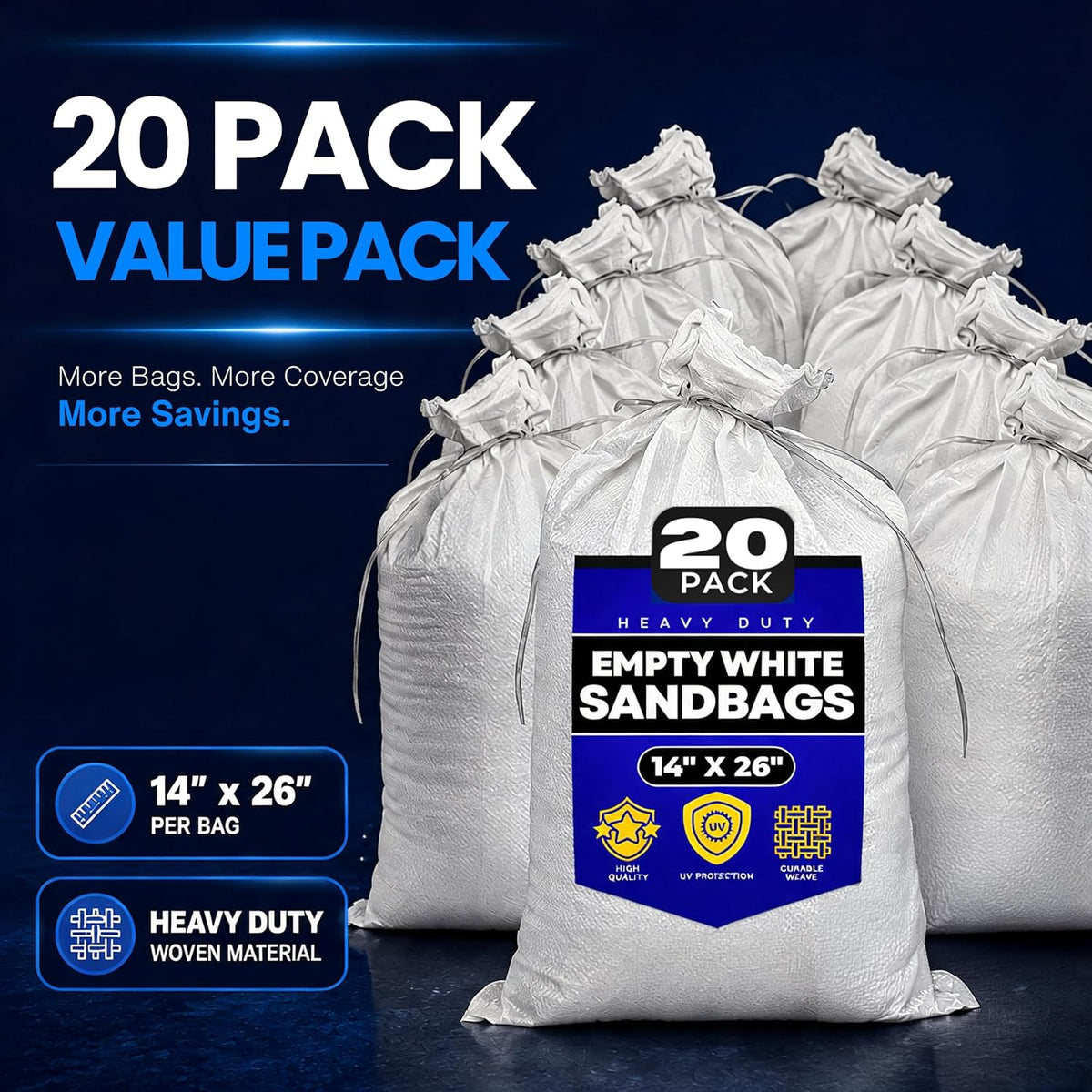 Sand Bags with Ties 14" x 26" - Sand Bags for Flooding, Woven Polypropylene Sandbags, 50 lbs Capacity, 14x26 inches, White