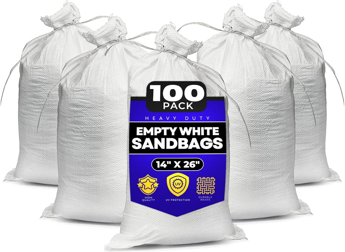 Sand Bags with Ties 14" x 26" - Sand Bags for Flooding, Woven Polypropylene Sandbags, 50 lbs Capacity, 14x26 inches, White
