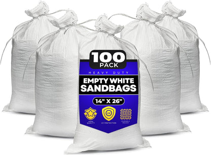 Sand Bags with Ties 14" x 26" - Sand Bags for Flooding, Woven Polypropylene Sandbags, 50 lbs Capacity, 14x26 inches, White