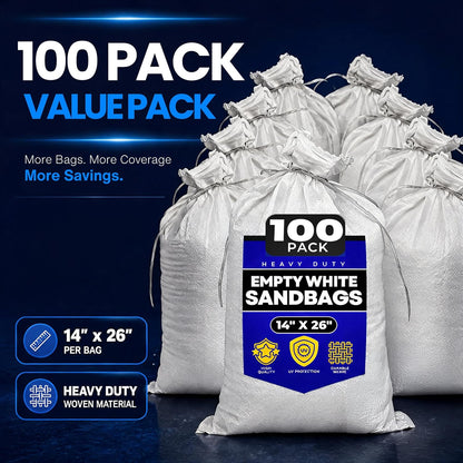 Sand Bags with Ties 14" x 26" - Sand Bags for Flooding, Woven Polypropylene Sandbags, 50 lbs Capacity, 14x26 inches, White