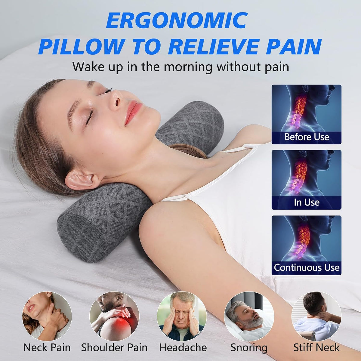 Cervical Roll Pillow, Medium Soft Memory Foam Neck Round Pillow Cylinder Bolster Pillow for Sleeping, Round Neck Support for Bed, Legs, Back and Yoga (Grey, Medium - 3.9" H)