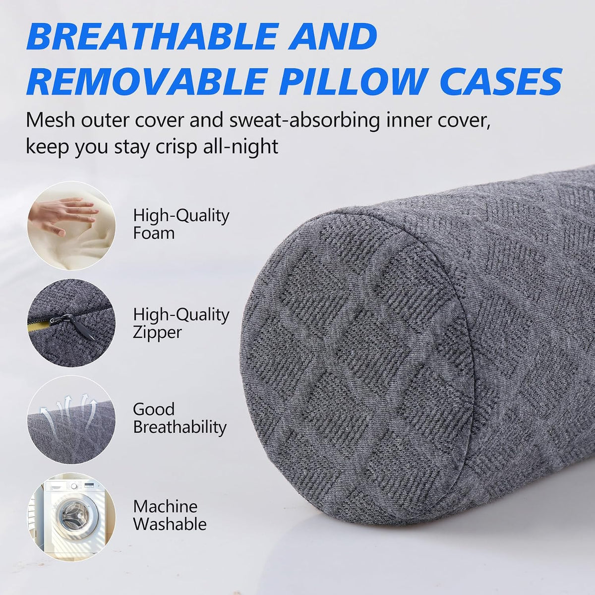 Cervical Roll Pillow, Medium Soft Memory Foam Neck Round Pillow Cylinder Bolster Pillow for Sleeping, Round Neck Support for Bed, Legs, Back and Yoga (Grey, Medium - 3.9" H)