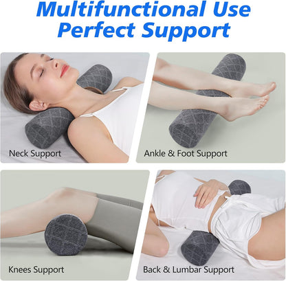 Cervical Roll Pillow, Medium Soft Memory Foam Neck Round Pillow Cylinder Bolster Pillow for Sleeping, Round Neck Support for Bed, Legs, Back and Yoga (Grey, Medium - 3.9" H)