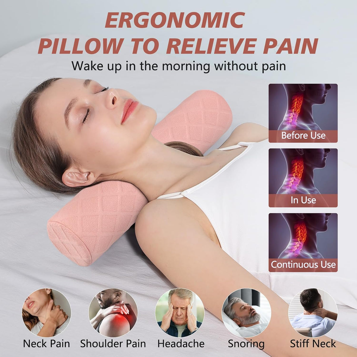Cervical Roll Pillow, Medium Soft Memory Foam Neck Round Pillow Cylinder Bolster Pillow for Sleeping, Round Neck Support for Bed, Legs, Back and Yoga (Grey, Medium - 3.9" H)