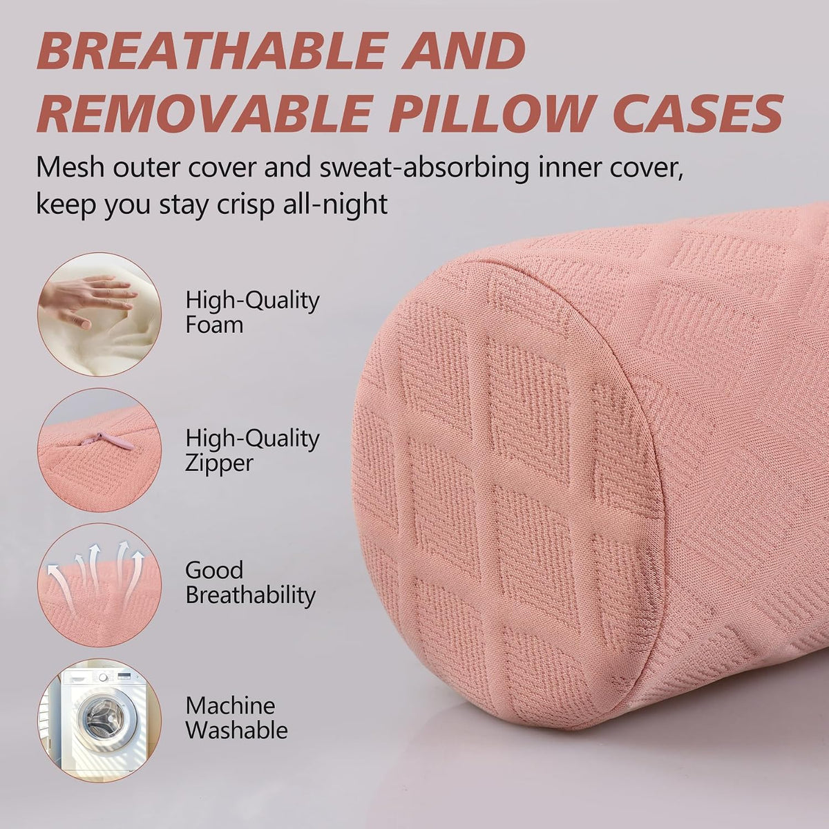 Cervical Roll Pillow, Medium Soft Memory Foam Neck Round Pillow Cylinder Bolster Pillow for Sleeping, Round Neck Support for Bed, Legs, Back and Yoga (Grey, Medium - 3.9" H)