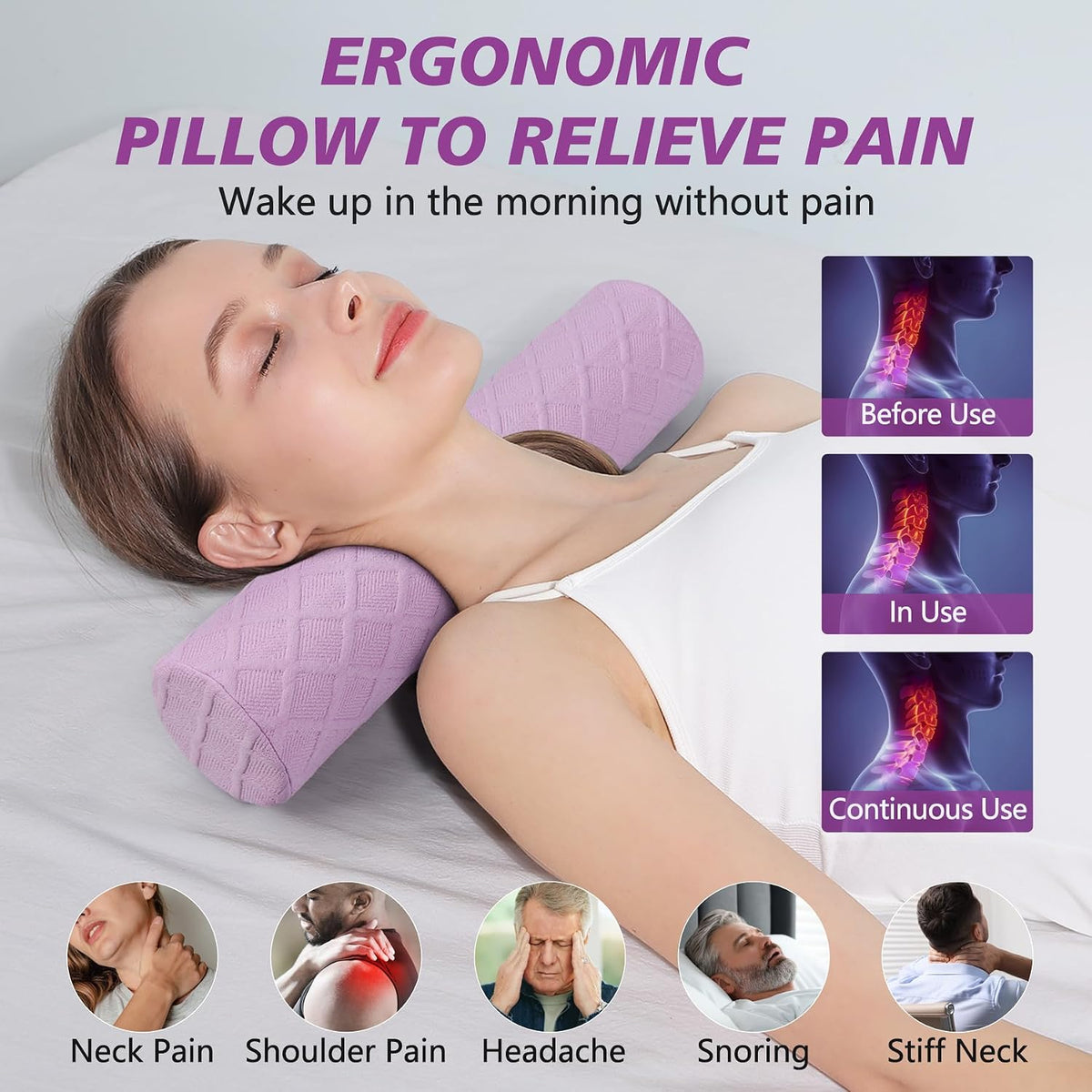 Cervical Roll Pillow, Medium Soft Memory Foam Neck Round Pillow Cylinder Bolster Pillow for Sleeping, Round Neck Support for Bed, Legs, Back and Yoga (Grey, Medium - 3.9" H)