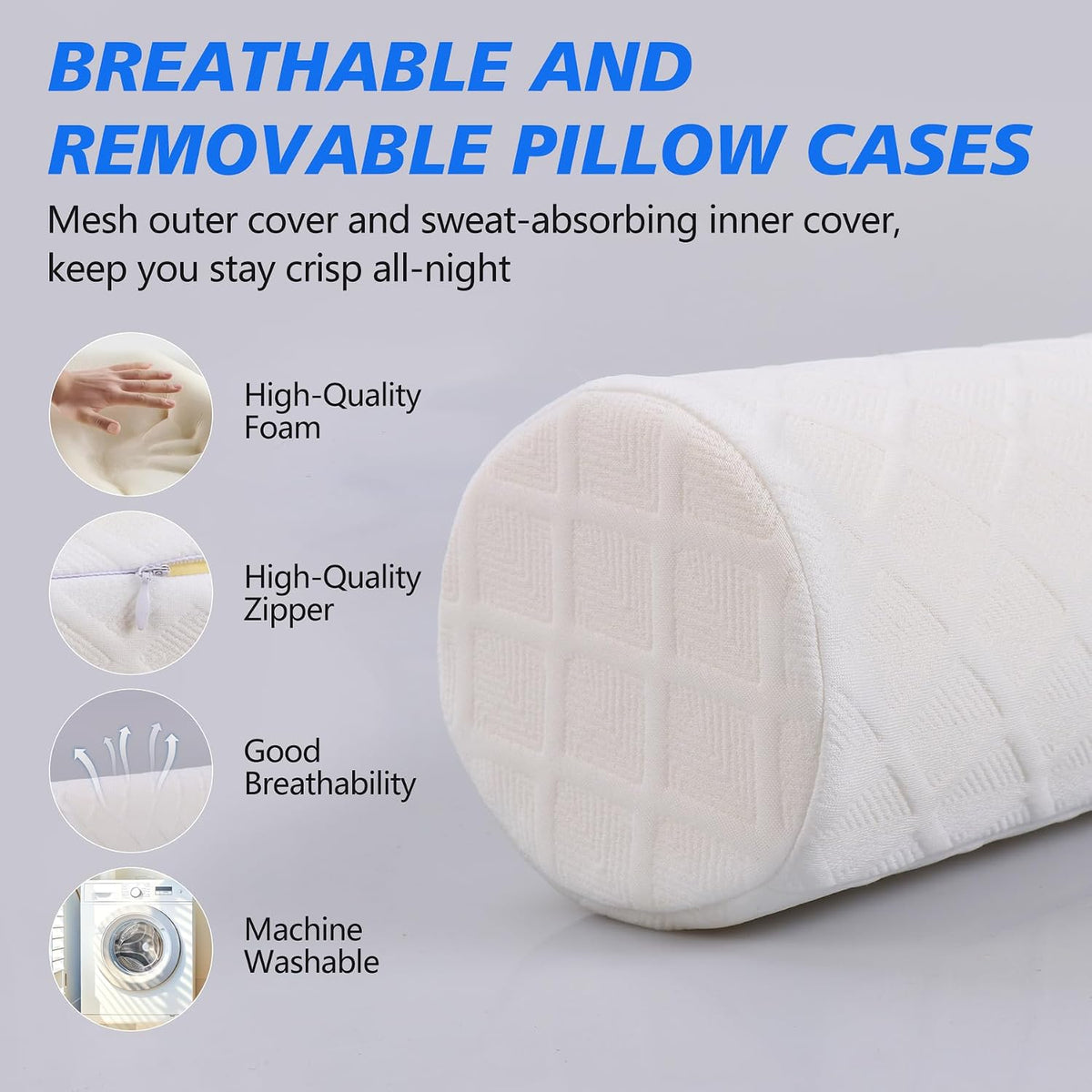 Cervical Roll Pillow, Medium Soft Memory Foam Neck Round Pillow Cylinder Bolster Pillow for Sleeping, Round Neck Support for Bed, Legs, Back and Yoga (Grey, Medium - 3.9" H)