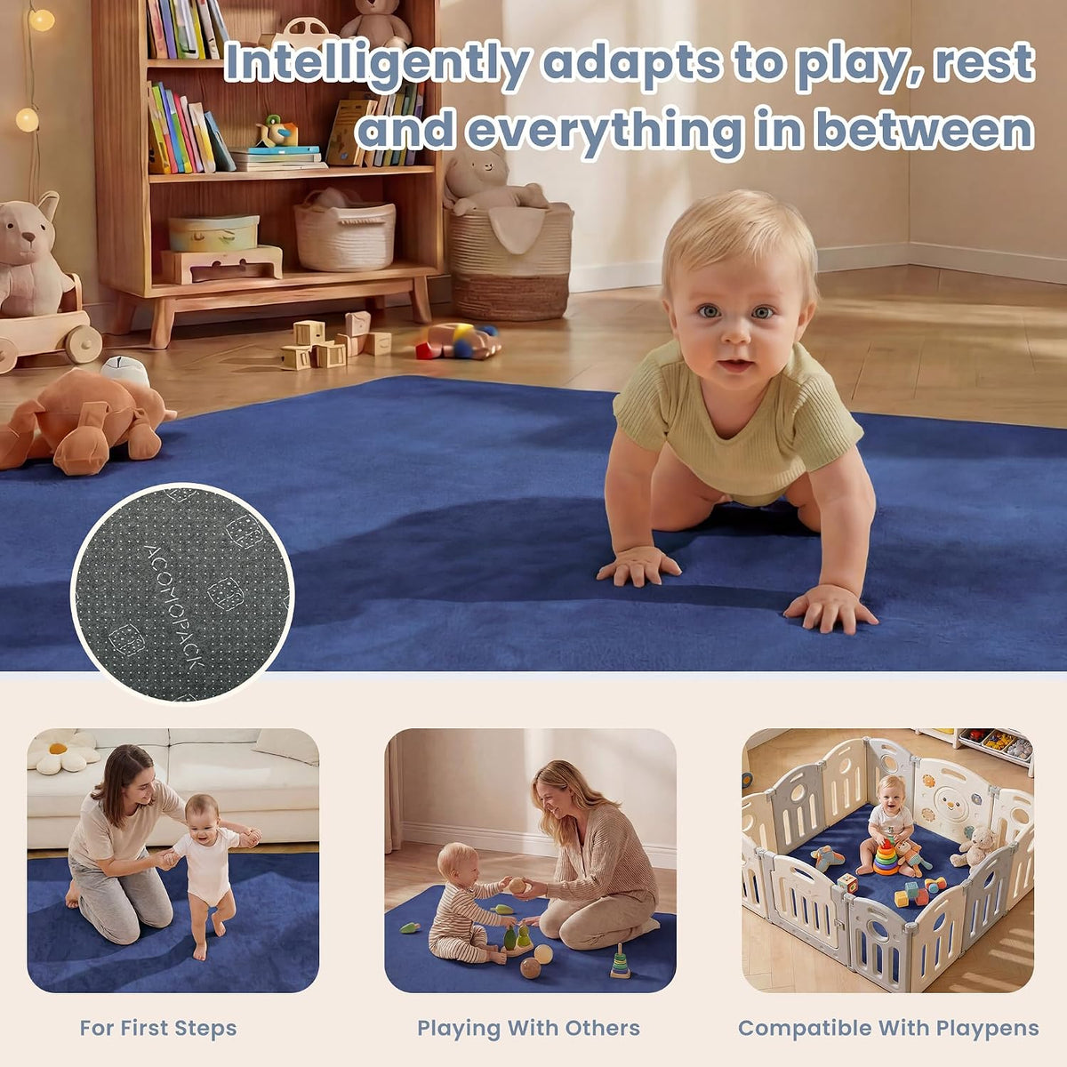 1.3" Thick Baby Play Mat for Floor 79x118"-Large Water-Repellent&Non-Slip Memory Foam Mat for Kids,Toddlers,Soft Velvet Nursery Rug for Tummy Time&Crawling,Yoga,Tatami Style(Blue)