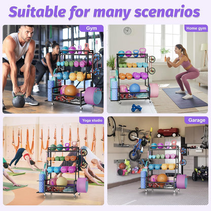 Dumbbell Rack for Home Gym, 490 lbs Weight Storage Rack with Wheels & Hooks
