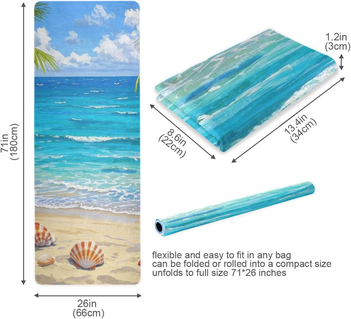 Beach Scenery Starfish Shells Coconut Trees yogamat for fitness printed, natural rubber non slip, with bag for carrying tapete para ejercicio 71x26 inches 1MM
