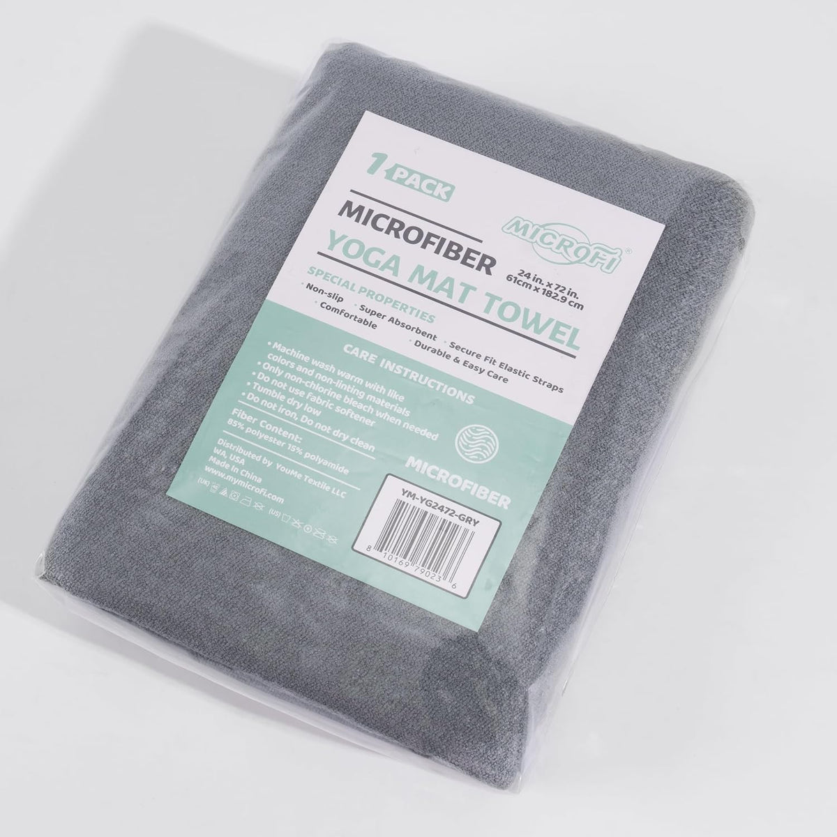 Microfiber Hot Yoga Towel Mat, 24 x 72 inches, with Non-Slip Silicone Grip, Secure Fit Elastic Straps (Gray)