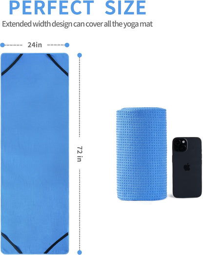 Microfiber Hot Yoga Towel Mat, 24 x 72 inches, with Non-Slip Silicone Grip, Secure Fit Elastic Straps (Gray)