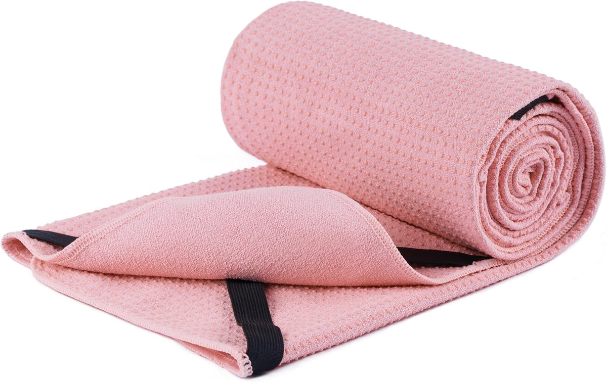 Microfiber Hot Yoga Towel Mat, 24 x 72 inches, with Non-Slip Silicone Grip, Secure Fit Elastic Straps (Gray)