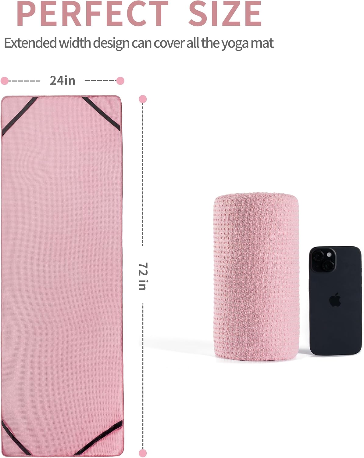 Microfiber Hot Yoga Towel Mat, 24 x 72 inches, with Non-Slip Silicone Grip, Secure Fit Elastic Straps (Gray)
