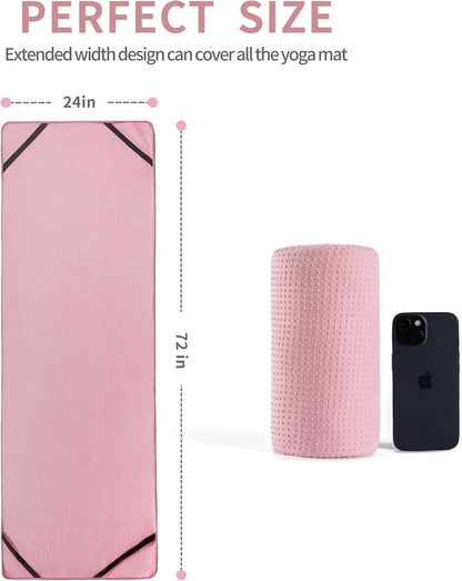 Microfiber Hot Yoga Towel Mat, 24 x 72 inches, with Non-Slip Silicone Grip, Secure Fit Elastic Straps (Gray)