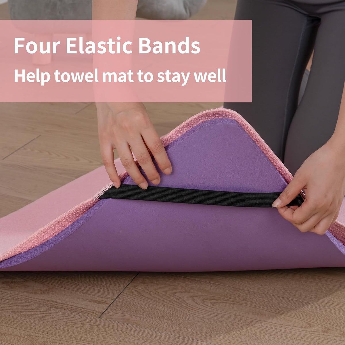 Microfiber Hot Yoga Towel Mat, 24 x 72 inches, with Non-Slip Silicone Grip, Secure Fit Elastic Straps (Gray)