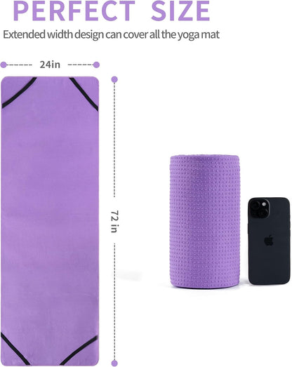 Microfiber Hot Yoga Towel Mat, 24 x 72 inches, with Non-Slip Silicone Grip, Secure Fit Elastic Straps (Gray)