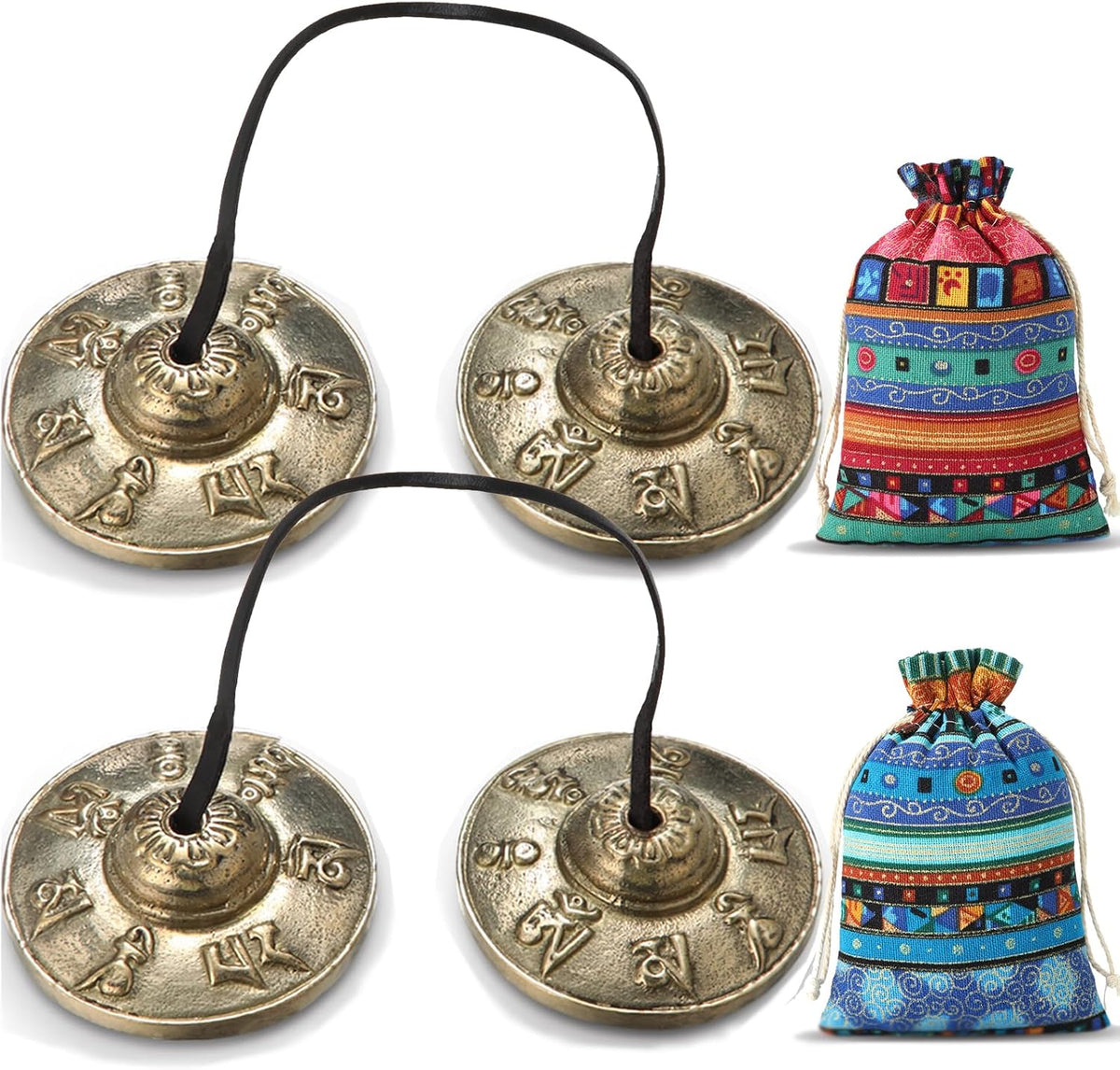 2 Pcs Tibetan Tingsha Cymbals with 2 Pcs Tibetan Drawstring Cloth Bags Meditation Chime Bells 2.56 Inch Handcrafted Meditation Accessory(Om Mane Padme Hum Symbols Embossed,Blue,Green)