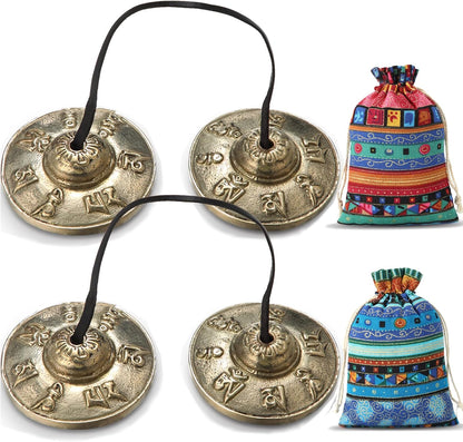 2 Pcs Tibetan Tingsha Cymbals with 2 Pcs Tibetan Drawstring Cloth Bags Meditation Chime Bells 2.56 Inch Handcrafted Meditation Accessory(Om Mane Padme Hum Symbols Embossed,Blue,Green)