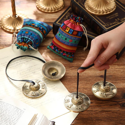 2 Pcs Tibetan Tingsha Cymbals with 2 Pcs Tibetan Drawstring Cloth Bags Meditation Chime Bells 2.56 Inch Handcrafted Meditation Accessory(Om Mane Padme Hum Symbols Embossed,Blue,Green)