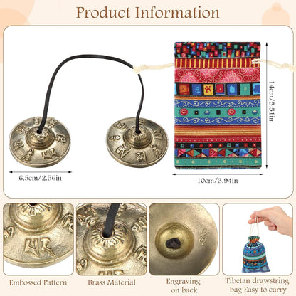 2 Pcs Tibetan Tingsha Cymbals with 2 Pcs Tibetan Drawstring Cloth Bags Meditation Chime Bells 2.56 Inch Handcrafted Meditation Accessory(Om Mane Padme Hum Symbols Embossed,Blue,Green)