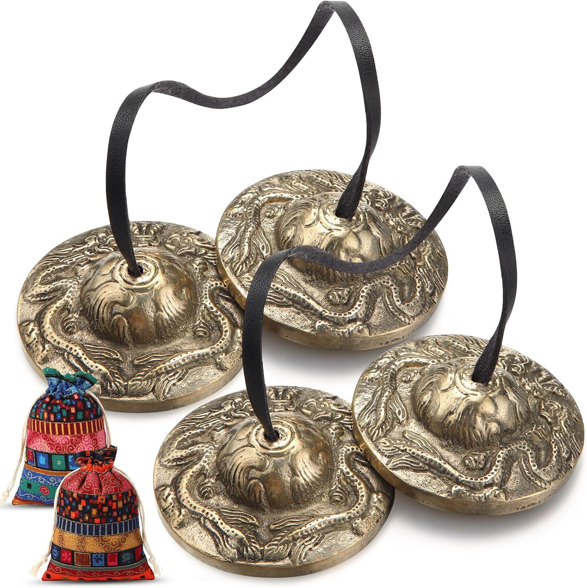 2 Pcs Tibetan Tingsha Cymbals with 2 Pcs Tibetan Drawstring Cloth Bags Meditation Chime Bells 2.56 Inch Handcrafted Meditation Accessory(Om Mane Padme Hum Symbols Embossed,Blue,Green)