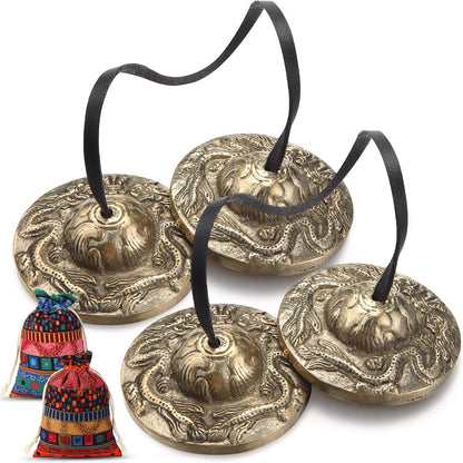 2 Pcs Tibetan Tingsha Cymbals with 2 Pcs Tibetan Drawstring Cloth Bags Meditation Chime Bells 2.56 Inch Handcrafted Meditation Accessory(Om Mane Padme Hum Symbols Embossed,Blue,Green)