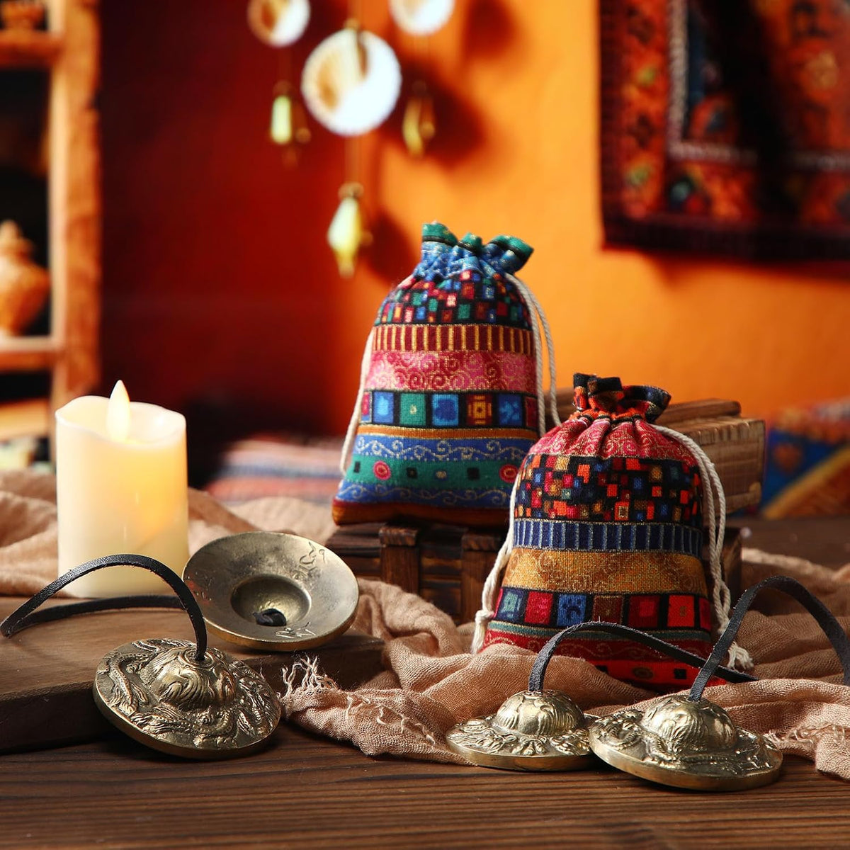 2 Pcs Tibetan Tingsha Cymbals with 2 Pcs Tibetan Drawstring Cloth Bags Meditation Chime Bells 2.56 Inch Handcrafted Meditation Accessory(Om Mane Padme Hum Symbols Embossed,Blue,Green)