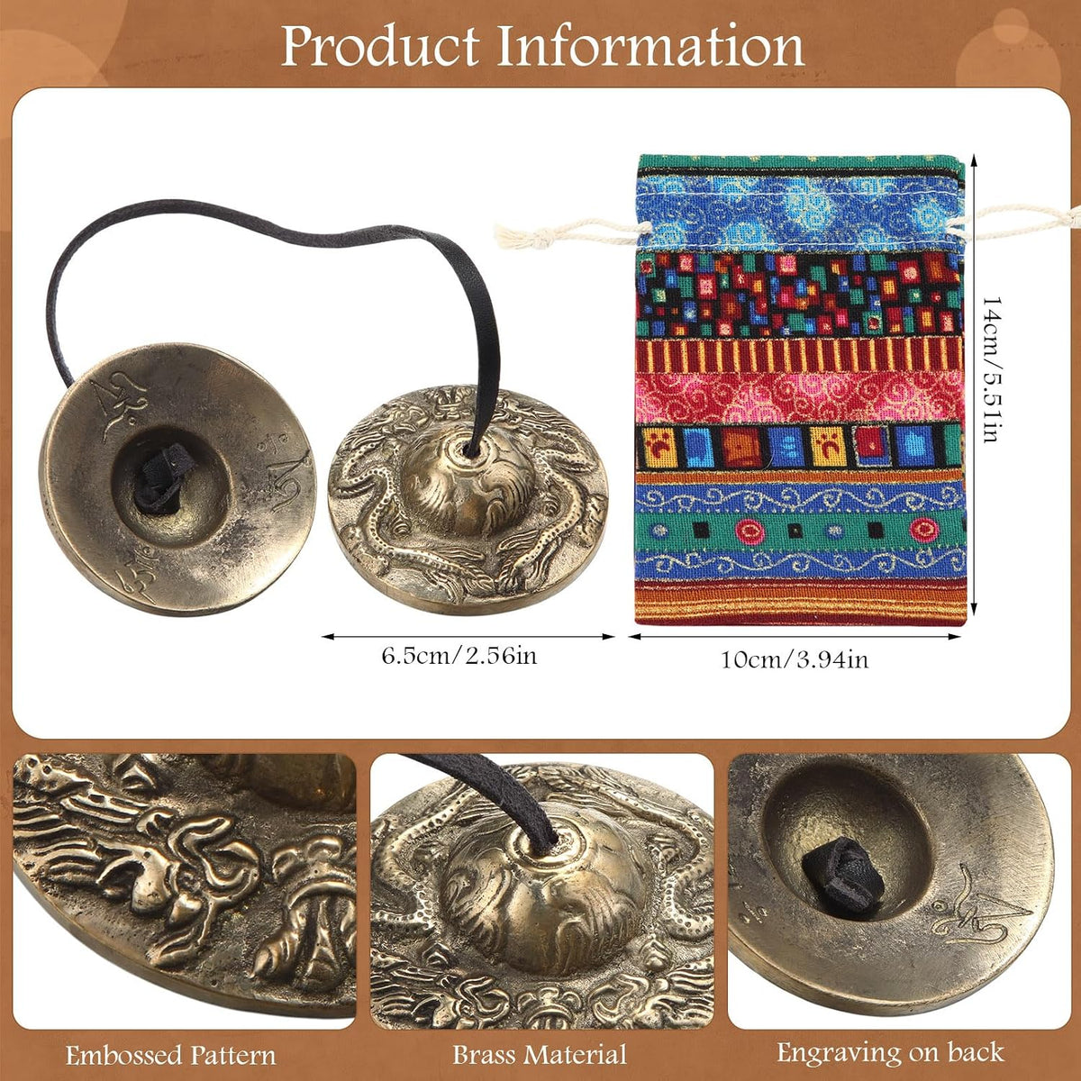 2 Pcs Tibetan Tingsha Cymbals with 2 Pcs Tibetan Drawstring Cloth Bags Meditation Chime Bells 2.56 Inch Handcrafted Meditation Accessory(Om Mane Padme Hum Symbols Embossed,Blue,Green)