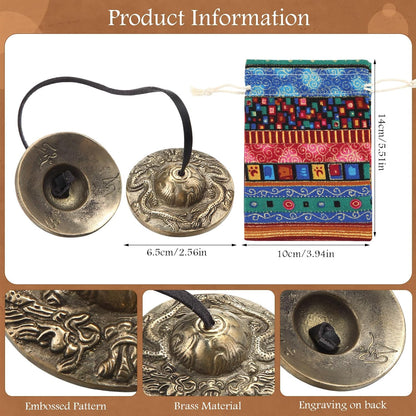 2 Pcs Tibetan Tingsha Cymbals with 2 Pcs Tibetan Drawstring Cloth Bags Meditation Chime Bells 2.56 Inch Handcrafted Meditation Accessory(Om Mane Padme Hum Symbols Embossed,Blue,Green)