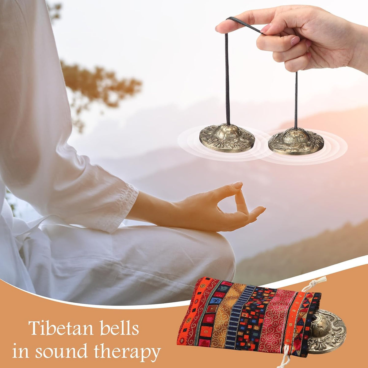 2 Pcs Tibetan Tingsha Cymbals with 2 Pcs Tibetan Drawstring Cloth Bags Meditation Chime Bells 2.56 Inch Handcrafted Meditation Accessory(Om Mane Padme Hum Symbols Embossed,Blue,Green)